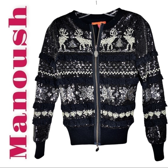 MANOUSH Christmas Cardigan Sweater Jacket Sequin Reindeer Snowflakes Lace, XS - Picture 1 of 10